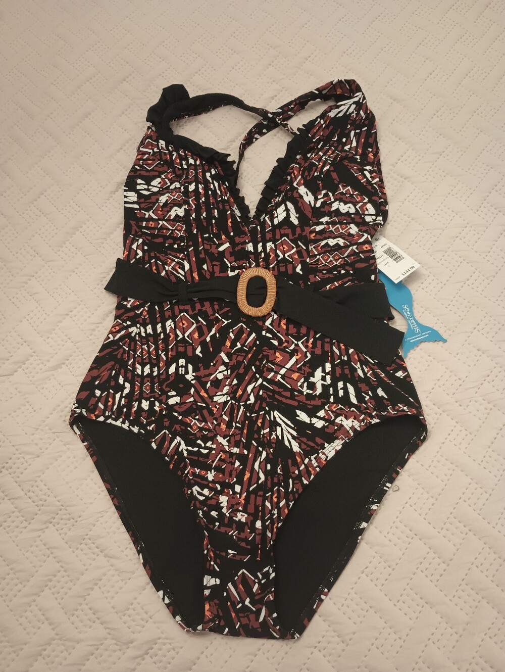 Skinnydippers Black & Rust Patterned One-Piece Swimsuit with Belt L